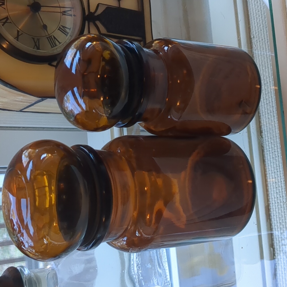 Two Belgium Brown Glass Containers with Lids